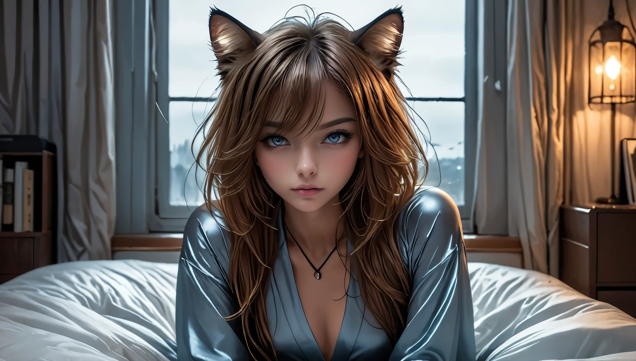 ((barely legal girl, with cat ears and choker, in an oversize shiny silky jumpsuit with plunging neckline, wide cleavage, deep neckline, small perky breasts, beautiful detailed eyes, beautiful detailed lips, small closed mouth, extremely detailed face, pale skin, random long hairstyle, small hips, lying on a bed with silk sheets, fear on the face)), moody atmosphere, dramatic and random colors, futuristic setting, intricate details, night, backlight, full body shot, view from a distance, random pose