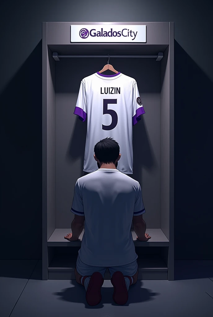 football locker room with a football player's cabin in this cabin there will be a white shirt with purple details (minimalists) on the collar and at the tip of the sleeve the shirt must be showing the back with the name LUIZIN highlighted and the shirt number must be number 5, the cabin at the top must contain the name of the club which is GALADOS CITY, all ambient light must be off, only the light of the sign with the name GALADOS CITY and a low light above the shirt indicating prominence must be on. (The image should be centered and not too far away) and the player with slightly dark skin, short straight black hair and a beard showing that he cares about the current fashion style must be wearing pre-game clothes different from the shirt that is hanging in the locker room, the one he is wearing is gray with purple details on the sleeve and collar of the shirt and on the shorts, the player in the image must be on his knees with his head down (indicating pre-game concentration)