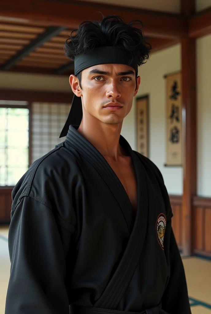 **Features for AI to generate a photo:**


(real-life)
 aged 21, short black hair with waves , wearing a black Cobra Kai kimono and a black headband. he's brunette, with Brazilian traits, has a small scar on his eyebrow and brown eyes. The background is a karate environment, like a dojo with tatami mats and traditional decor.

