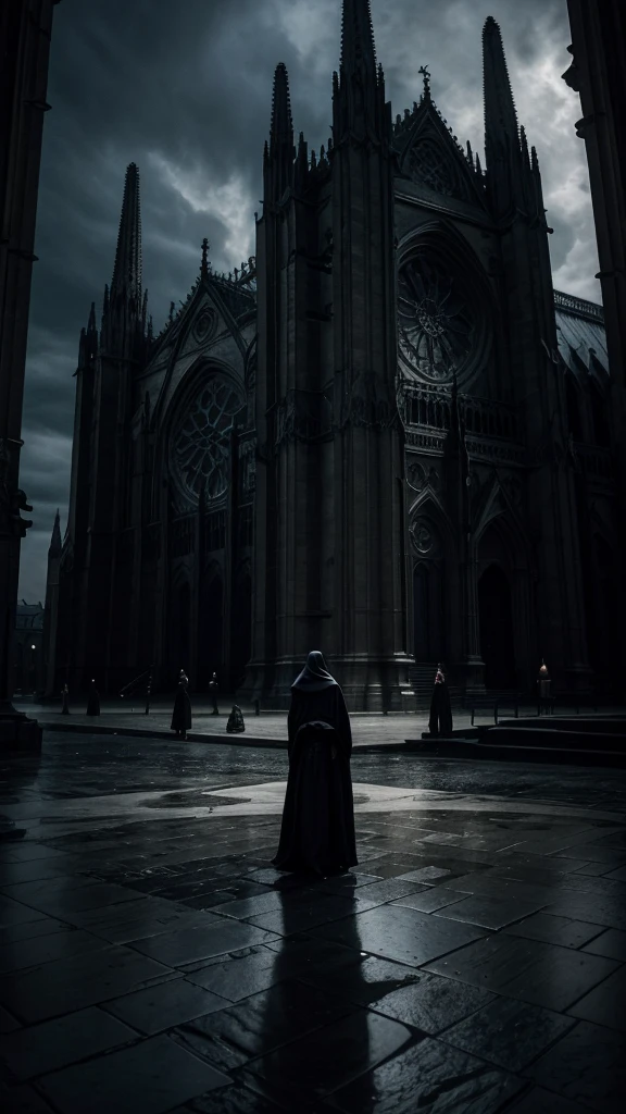 A grand gothic cathedral, bathed in eerie moonlight, stands tall against a stormy night sky. In front of the cathedral, a lone figure dressed in dark, flowing robes is caught in a dramatic pose, as if caught in the midst of a ritual. The figure's face is partially obscured by shadows, but a sense of despair and longing is evident in their stance. Behind them, the cathedral doors are slightly ajar, emitting a faint, ominous glow. The words 'Temple of Love' and 'The Sisters of Mercy' are subtly integrated into the scene, enhancing the gothic and apocalyptic atmosphere.
