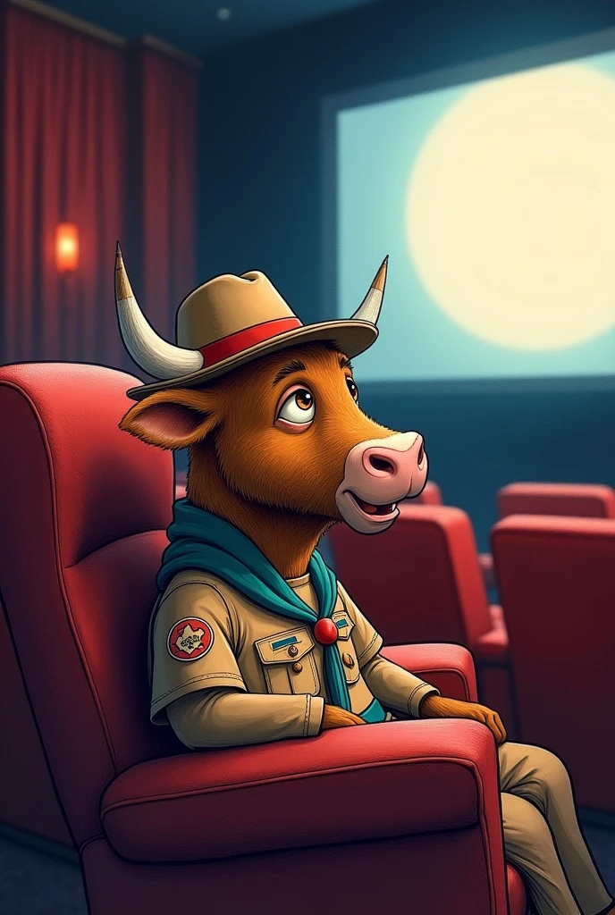 Drawing of a bull from the scout movement watching a movie in a cinema