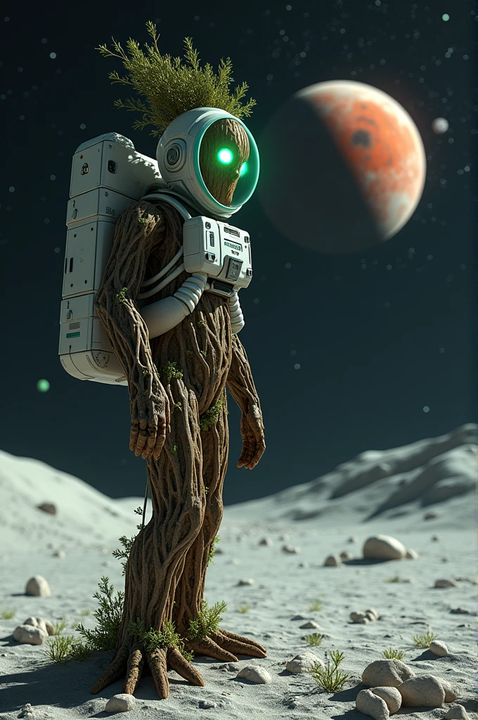 A tree watching Mars in an astronaut suit, walking on the moon