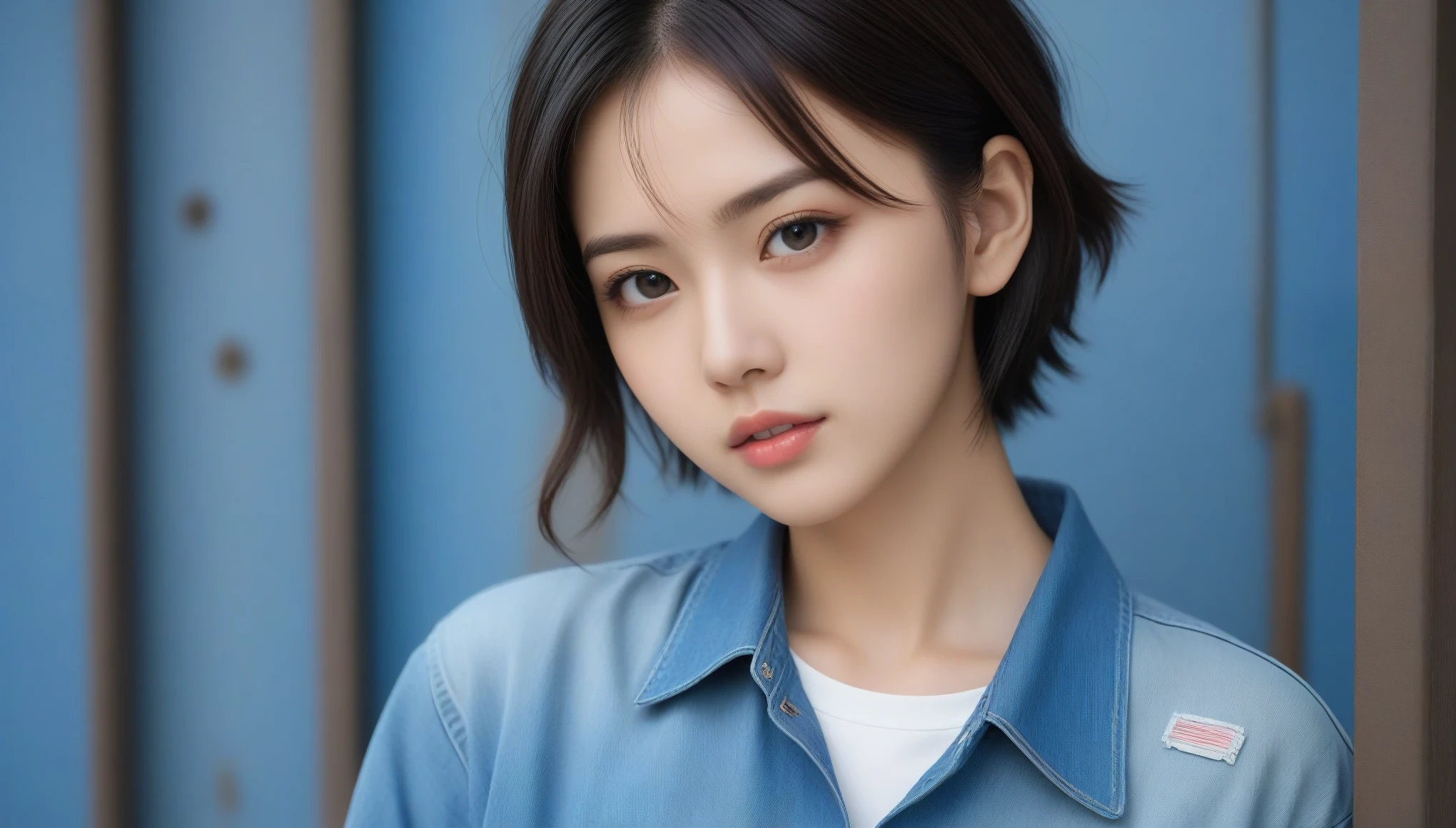 8k, Ultra-high resolution, Highest quality, masterpiece, 三分割法によるphotograph,Surreal, photograph, 1 , (:1.3), cute, cute顔, 細部までBeautiful Eyes, 細かくdetailedに,masterpiece,One Girl:1.2,Japanese women,student,cowboy shot,glaring,Black short hair,messy hair,from side,(Denim shirt:1.3),Leaning against the wire mesh,Glare,Blue Collar,Factory wall,(Beautiful attention to detail),Subtle details, detailedな顔,anger,Attractive eyes,(ポートレートphotograph:1.4),(Photorealistic images:1.4),Fantasy art,(Beautiful Face:1.4),美しくAttractive eyes、Beautiful Eyes,Silver residue,(Tight waist:1.4)、(Beautiful with perfect body proportions:1.4),Pink Lips,profile,(((Ideal body type))),A-cup small breasts :2,、Portraiture:2、Perfect Anatomy、鮮明なdetailed、detailed,Fashion magazine cover,Thin lips,完璧でBeautiful Face ,完璧でcute顔, Skin with attention to detail, Perfect limbs、Narrow waist,Surreal,Light and shadow,backlighting
