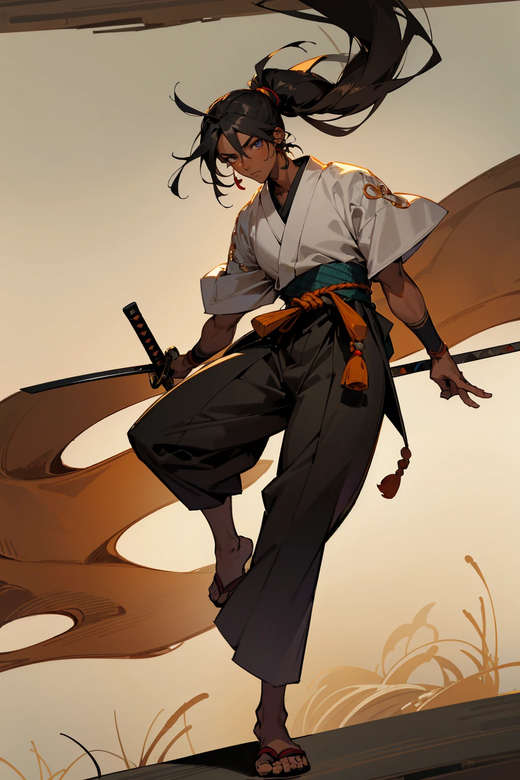 Masterpiece Quality, Perfect Generation, Sclera, Detailed Eyes, Skin, Black Tied Up Hair, Muscular, Casual Clothing, Bored Expression, , Old Japanese Background, Full Body, Tanned Skin, Two Toned Black Highlighted Hair, Japanese Clothing, Sword, Facing Viewer, Male, Japanese City Background, Tanned Skin, Dark Skin, Full Body, Top Knot Hair,