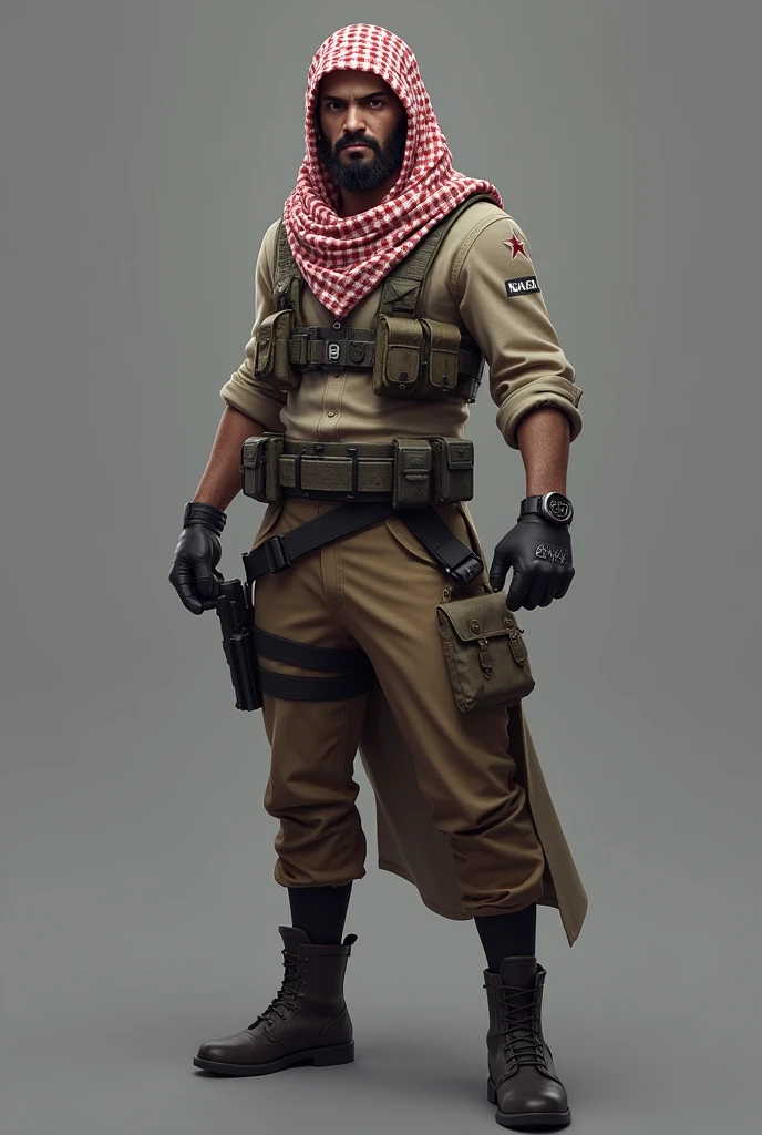 For pubg mobile I need a ramadan themed outfit design for the player Make the player's face visible and keffiyeh on the head and I need this picture in full position for boys to be more combative for the game