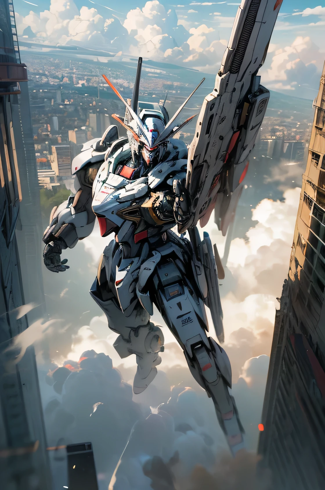 (masterpiece, best quality, 16K, absurdres:1.3), robot, base on Gundam, giant, stocky, fighting, with a gun, in the city, in the afternoon, with clouds, 3D render, raw photo, ultra realistic photo, full body shot, from above, gigantic scale