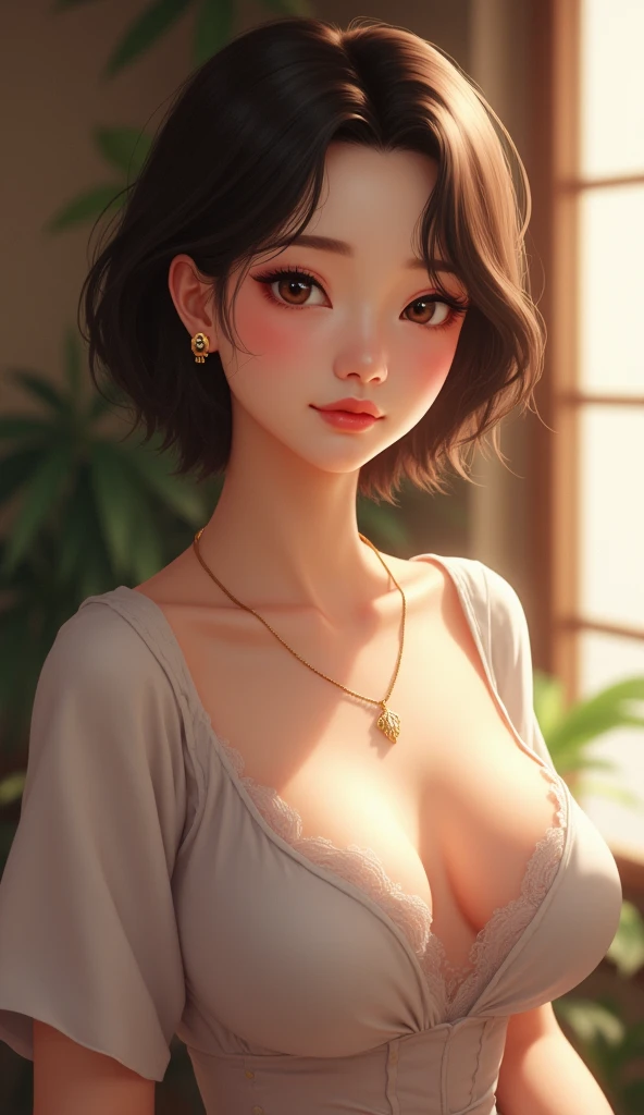 Highest quality, Very detailed, masterpiece, 1 person,Japanese women,(((Perfect female body))),Very beautiful face, Very beautiful body,Gentle expression, Very beautiful eyes,(Perfect Makeup:1.1),Big Breasts,40s、short hair、Brown Hair:1.3, Big Breasts、Soft-looking body、Black dress、Simple Necklace,anklet,A kind smile,Full body portrait,(Indoor Background:1.3), (Glowing Skin),(Earrings),Short sleeve