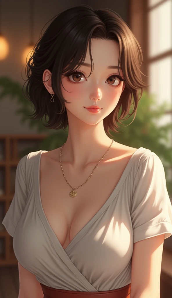 Highest quality, Very detailed, masterpiece, 1 person,Japanese women,(((Perfect female body))),Very beautiful face, Very beautiful body,Gentle expression, Very beautiful eyes,(Perfect Makeup:1.1),Big Breasts,40s、short hair、Brown Hair:1.3, Big Breasts、Soft-looking body、Black dress、Simple Necklace,anklet,A kind smile,Full body portrait,(Indoor Background:1.3), (Glowing Skin),(Earrings),Short sleeve