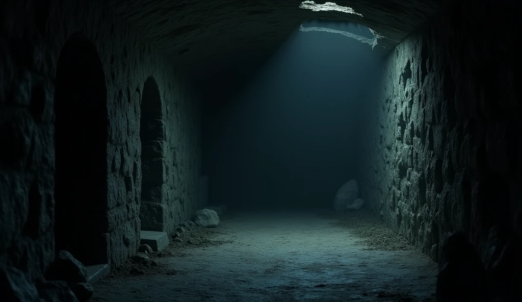 Im Stil von 3D-Animationmsfilmen. An ordinary cellar, dark and without windows.