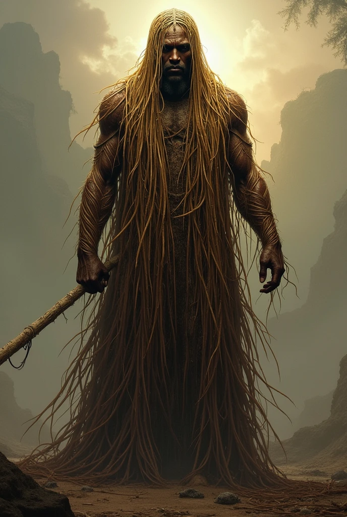 An African orixá, Obaluaiê, depicted as a powerful and enigmatic figure. His entire body is covered in layers of straw from head to toe, symbolizing his connection to healing and the mysteries of life and death. The straw cascades down, hiding his features, yet emanating a strong presence that commands respect and reverence. His stance is firm and grounded, representing resilience and the power to overcome suffering. The background is a muted, earthy landscape, perhaps with subtle hints of healing herbs or the soft glow of a setting sun, creating an atmosphere of quiet strength and contemplation. The overall mood of the image should evoke a sense of healing, mystery, and the deep, transformative power that Obaluaiê holds over life’s trials and tribulations."