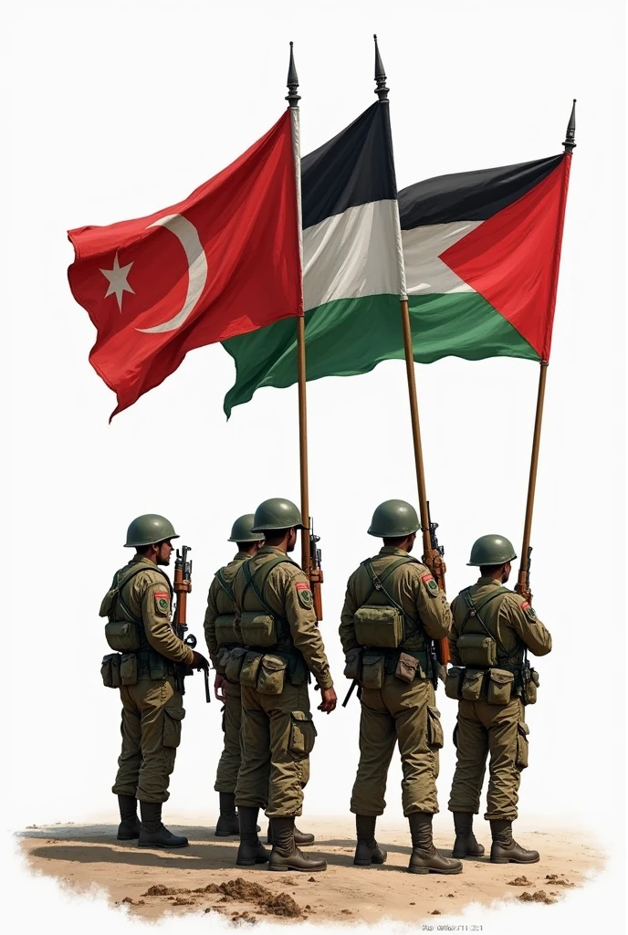 Il y a 5 soldats armés de leur tenue de combat qu'il porte deux drapeaux le drapeau algérien vers blanc le croissant de lune et l'étoile rouge et le drapeau palestinien noir en haut blanc au milieu et vert le bas bien haut avec leurs deux mains