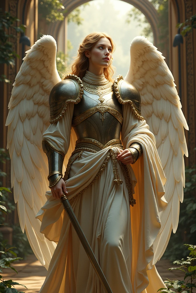 Beautiful, gorgeous and hyperrealistic ( Angel Guardian dressed as a medieval warrior, full body, in action. In traditional catholic art style) by Jean- Baptiste Monge, Unreal Engine, Greg Rutkowski, Loish, Rhads, Beeple, Makoto Shinkai, and Lois van Baarle, Ilya Kuvshinov, Rossdraws, Tom Bagshaw, Alphonse Mucha, global illumination, detailed and intricate environment