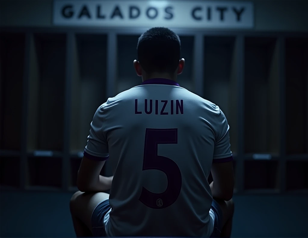 mysterious player sitting in the locker room ( the cabin must contain a sign with the name GALADOS CITY ) in the cabin it must contain the shirt of this player which is white with minimalist purple details on the collar and on the sleeve the shirt number is five with the name of the player which is LUIZIN. The mystery player should not be visible, only his silhouette should be visible.. All ambient light must be off, only one light must be on above the sign so that only the team&#39;s shirt and sign are visible..