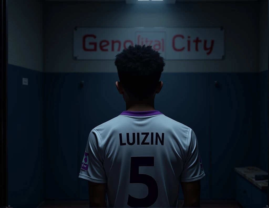 mysterious player sitting in the locker room ( the cabin must contain a sign with the name GALADOS CITY ) in the cabin it must contain the shirt of this player which is white with minimalist purple details on the collar and on the sleeve the shirt number is five with the name of the player which is LUIZIN. The mystery player should not be visible, only his silhouette should be visible.. All ambient light must be off, only one light must be on above the sign so that only the team's shirt and sign are visible..