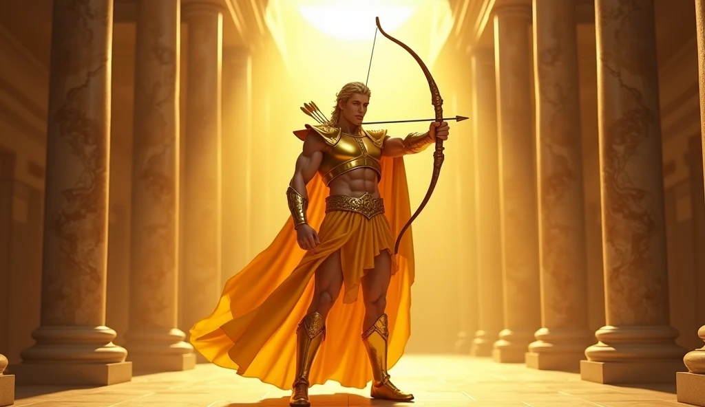 Sun God Apollo in yellow armor and a bright yellow aura and background in the pantheon with yellow tones and yellowish rays at sunrise aiming a bow and arrow at whoever sees the image and facing the target