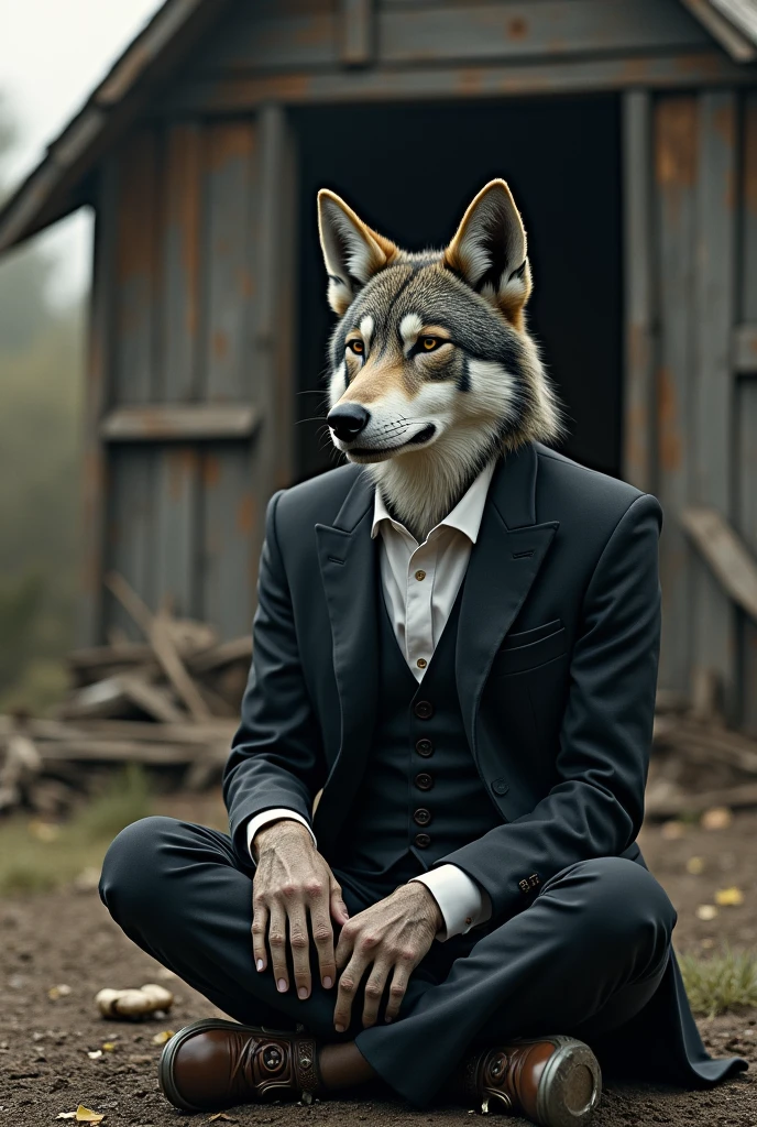 A well dressed jovial slender adult wolf outside crying sad expression sitting after knocking down a wooden house drawing