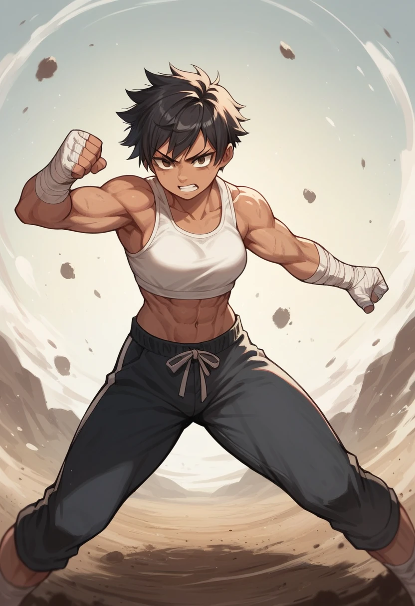 Masterpiece, Best Quality, anime style, 1girl, female, tomboy, muscular, black hair, short hair, dark eyes, hand wraps, fists raised, fighting pose, dirt road