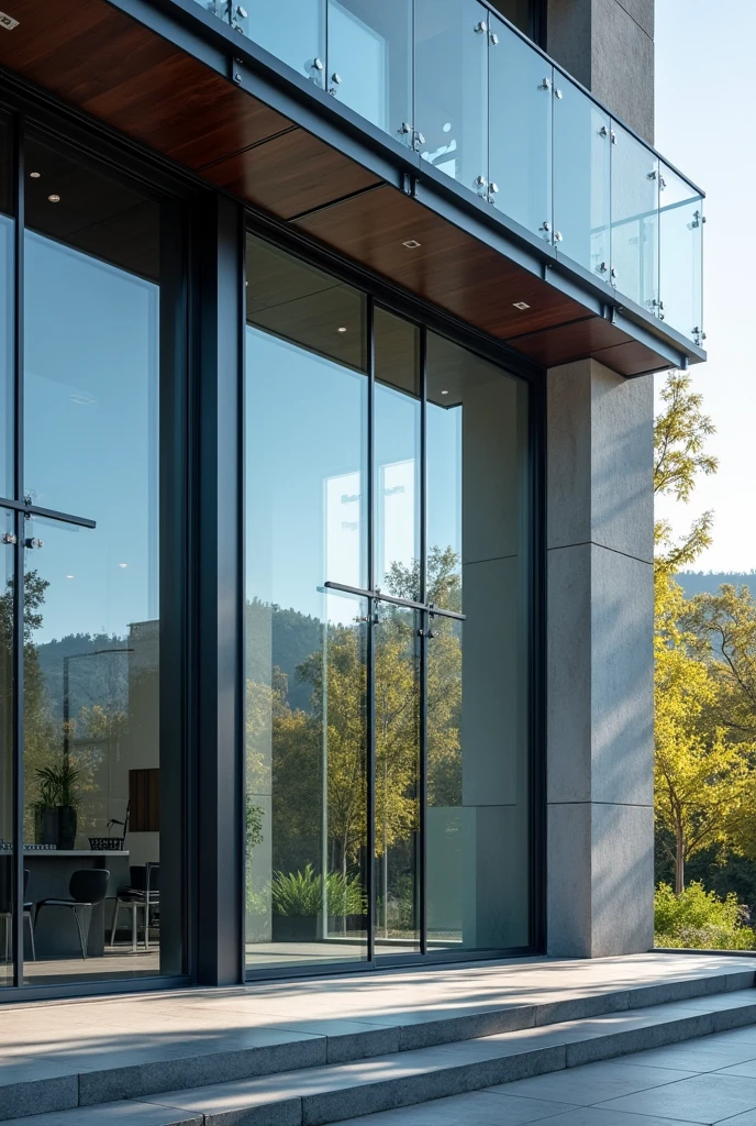 create an image of a blindex glass swing door being installed on the facade