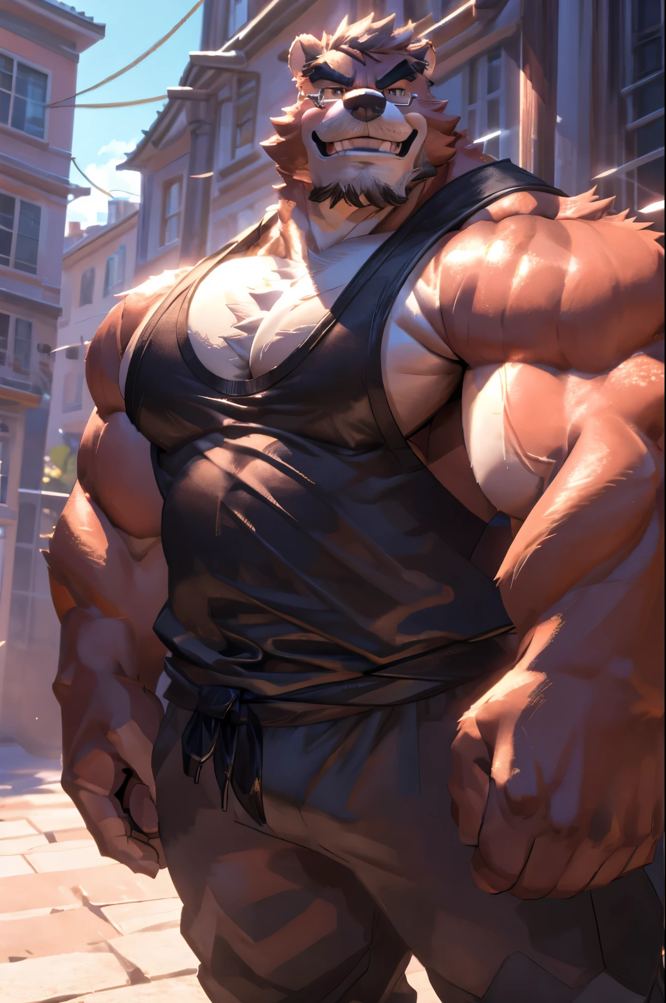 1boy, 1man, solo, a ( kumatetsu) standing, (face, detailed face, glasses), white background , front view, massive muscular , sixpack, (white tanktop and black pants). ((thick arms, huge pec, huge arms)), wide smiling. Add textures and details to make the image more realistic, such as the appearance of the. Make sure the resulting image is high resolution, 8K quality