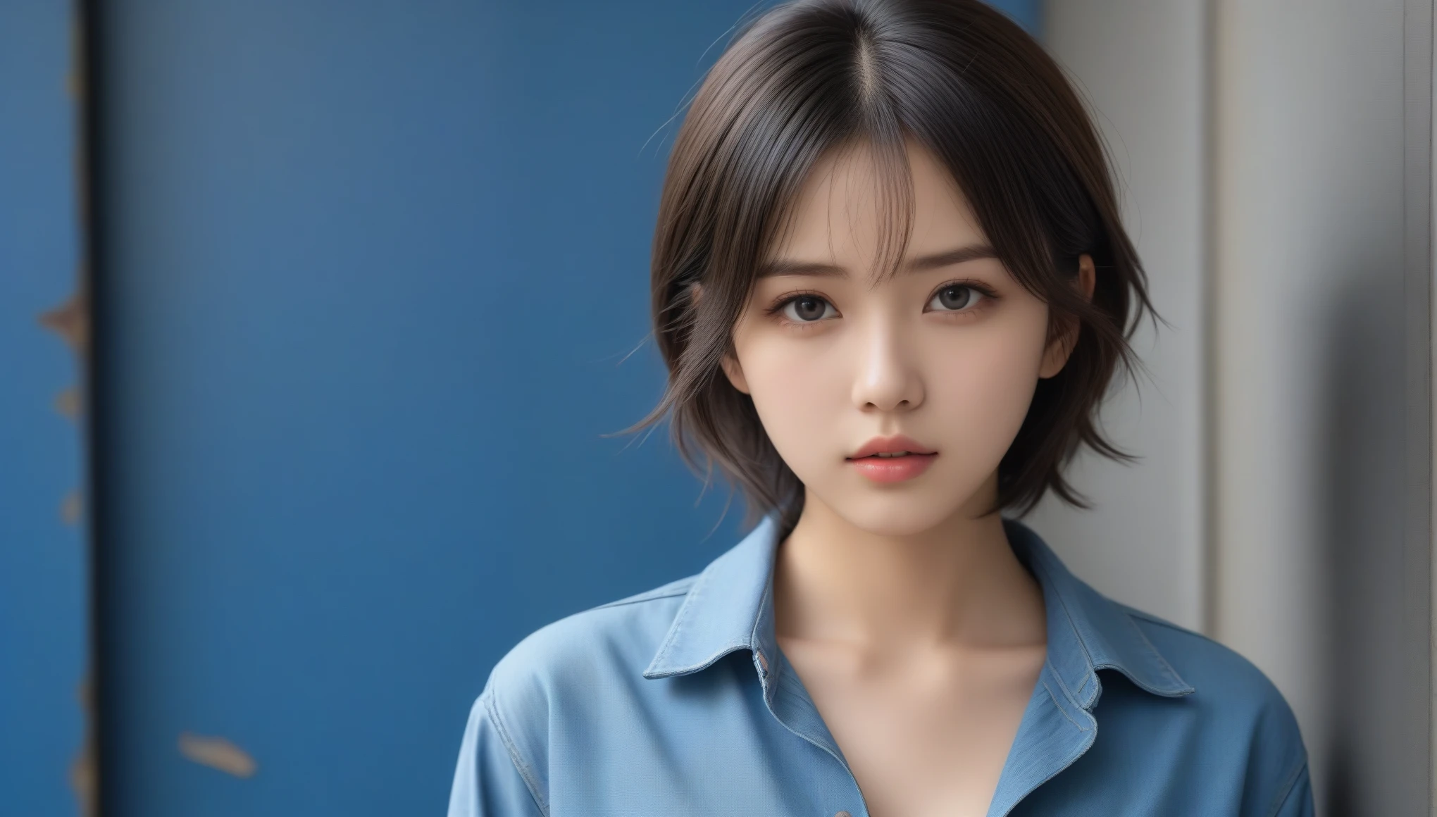 8k, Ultra-high resolution, Highest quality, masterpiece, 三分割法によるphotograph,Surreal, photograph, 1 , (:1.3), cute, cute顔, 細部までBeautiful Eyes, 細かくdetailedに,masterpiece,One Girl:1.2,Japanese women,student,cowboy shot,glaring,Black short hair,messy hair,from side,(Denim shirt:1.3),Leaning against the wire mesh,Glare,Blue Collar,Factory wall,(Beautiful attention to detail),Subtle details, detailedな顔,anger,Attractive eyes,(ポートレートphotograph:1.4),(Photorealistic images:1.4),Fantasy art,(Beautiful Face:1.4),美しくAttractive eyes、Beautiful Eyes,Silver residue,(Tight waist:1.4)、(Beautiful with perfect body proportions:1.4),Pink Lips,profile,(((Ideal body type))),A-cup small breasts :2,、Portraiture:2、Perfect Anatomy、鮮明なdetailed、detailed,Fashion magazine cover,Thin lips,完璧でBeautiful Face ,完璧でcute顔, Skin with attention to detail, Perfect limbs、Narrow waist,Surreal,Light and shadow,backlighting