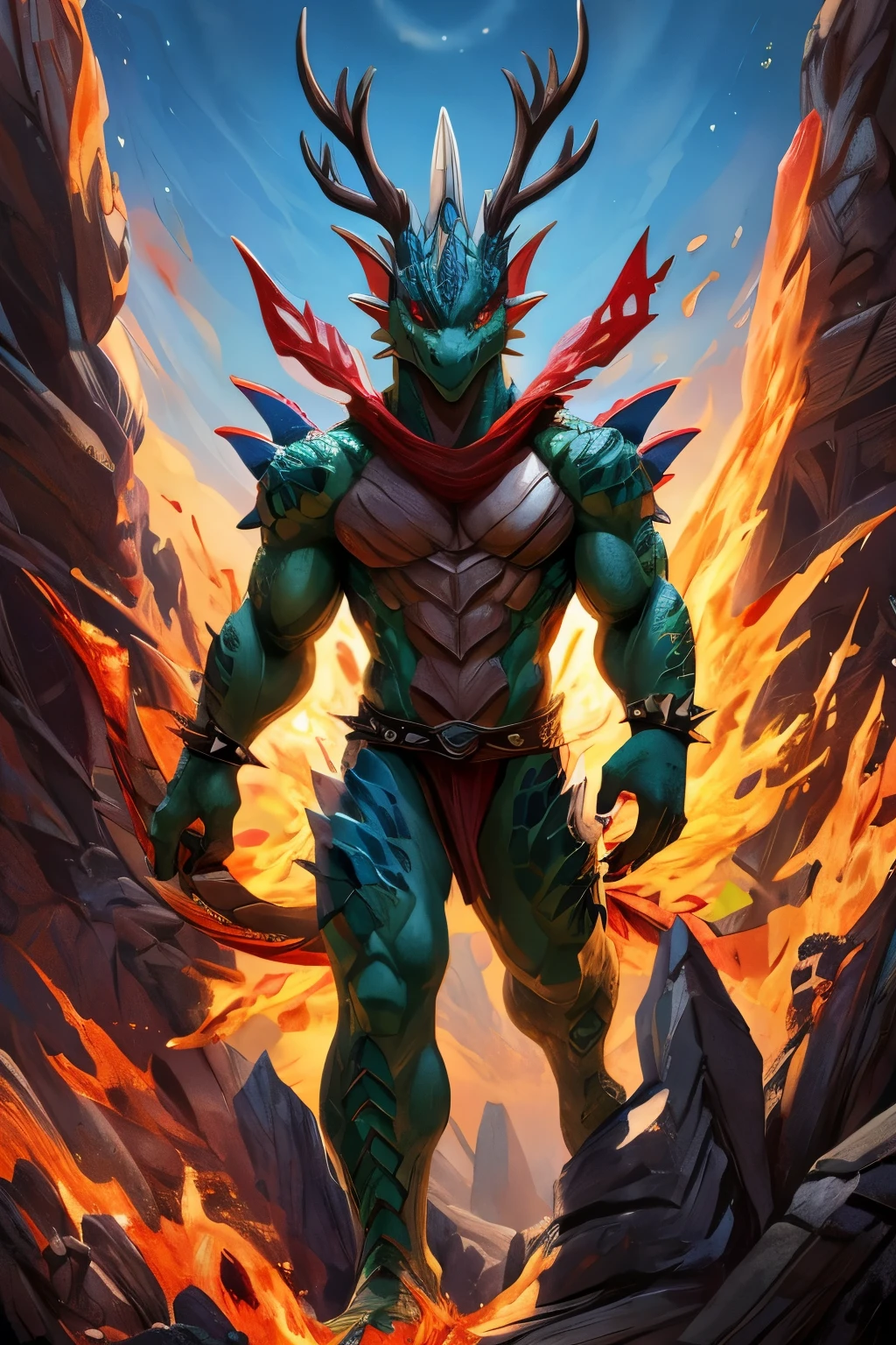 Bust hand into claw shape a powerful dragon warrior hunter surreal digital concept art visual, humanoid body，Green-cyan scaly skin sparkles in fiery light, The muscular limbs end with vicious claws ready to attack, Elongated spiked dragon head，Glowing, blood-red eyes convey lethal intensity, Two branched antlers on top of the head, Pose on the edge of a desolate cliff, Each individual scale has texture and detail, Create intimidating RPG character designs with threatening emoticons.