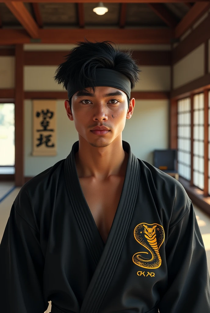**Features for AI to generate a photo:**


(real-life)
 aged 21, short black hair with waves , wearing a black Cobra Kai kimono and a black headband. he's brunette, with Brazilian traits, has a small scar on his eyebrow and brown eyes. The background is a karate environment, like a dojo with tatami mats and traditional decor.

