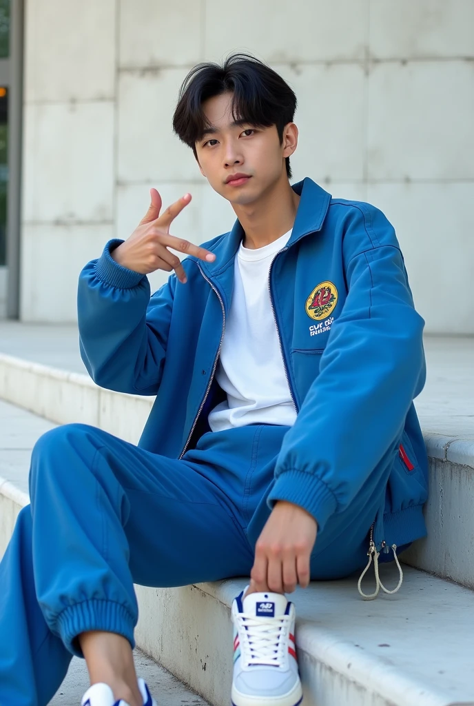   realistic photo of a young man with a Korean face ,sitting and making a &#39;finger heart&#39; gesture. The man is wearing a white t-shirt and a GUCCI x ADIDAS BLUE jacket., BLUE CARGO pants,Korean style black hair , and new balance shoes. Bright textured white concrete wall background. The man looks relaxed with a pose sitting on the floor., one leg straight and one leg bent while the right hand shows the &#39;finger heart&#39; gesture.high resolution glasses image, full hd, 18k,Canon 55mm camera lens.ISO 100,,clear camera,hard LIGHTING cerah ,full body close up camera shot ,glossy image, large breast, day, Bright, blur background, bokeh, outdoor, (street:0.8), (people, crowds:0.8), (off-shoulder dress:1.2), gorgeous, (braided bangs:1.2), beautiful detailed sky, (dynamic pose:1.2), soft lighting, wind, shiny skin, (upper body:0.8), (Freckles:0.8), mole under mouth, 