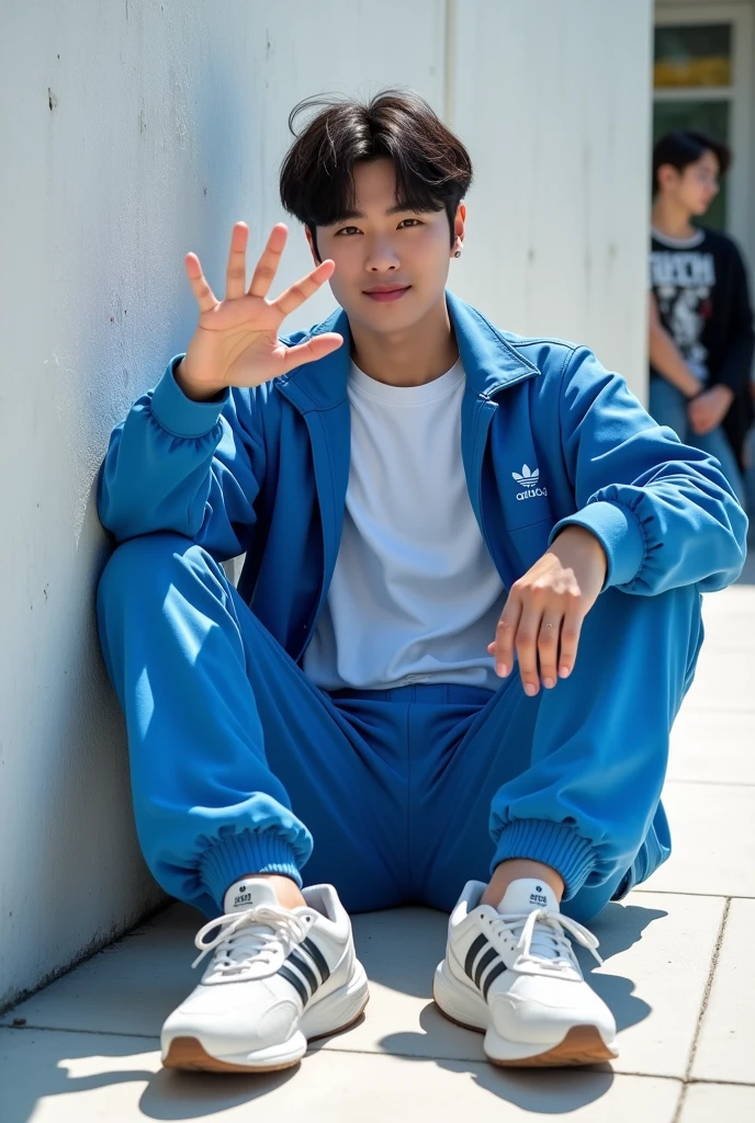 realistic photo of a young man with a Korean face ,sitting and making a 'finger heart' gesture. The man is wearing a white t-shirt and a GUCCI x ADIDAS BLUE jacket., BLUE CARGO pants,Korean style black hair , and new balance shoes. Bright textured white concrete wall background. The man looks relaxed with a pose sitting on the floor., one leg straight and one leg bent while the right hand shows the 'finger heart' gesture.high resolution glasses image, full hd, 18k,Canon 55mm camera lens.ISO 100,,clear camera,hard LIGHTING cerah ,full body close up camera shot ,glossy image, large breast, day, Bright, blur background, bokeh, outdoor, (street:0.8), (people, crowds:0.8), (off-shoulder dress:1.2), gorgeous, (braided bangs:1.2), beautiful detailed sky, (dynamic pose:1.2), soft lighting, wind, shiny skin, (upper body:0.8), (Freckles:0.8), mole under mouth,