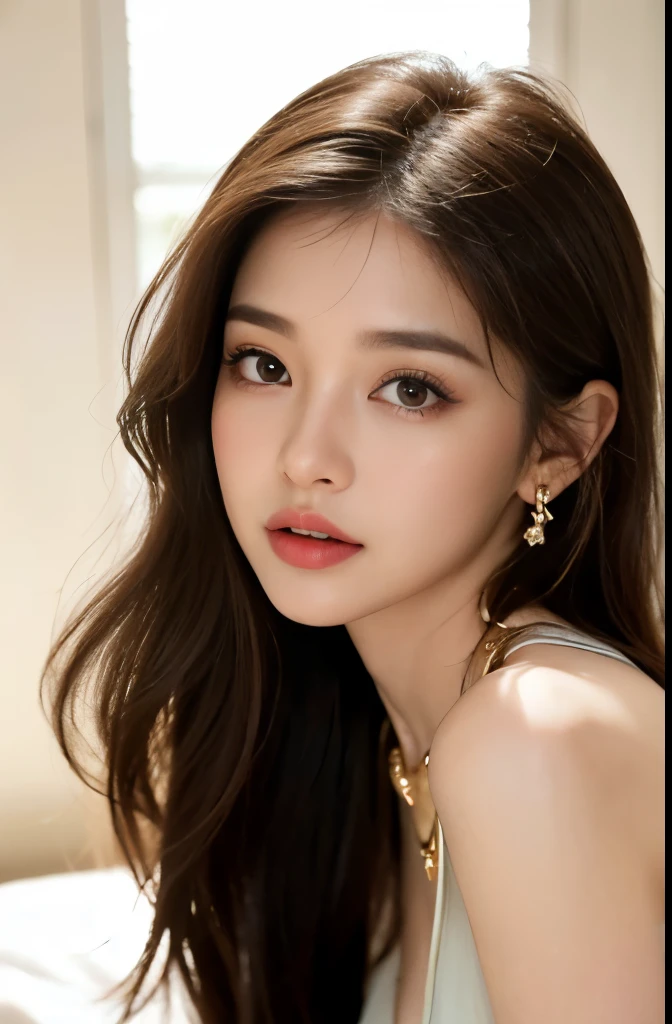 (masterpiece:1.3), (8 thousand, realistic, RAW photos, best quality: 1.4), (1 woman),(((very sexy))), (((Beautiful makeover))), (((유난히 아름다운 realistic 얼굴))), (((Create a slim and beautiful body))), (((long eyelashes))), (((double eyelid))), (((Brown hair, parted, long hair:1.3))), (아름다운 parted스타일), (((Realistic and truly beautiful and delicate eyes))), (((beautiful and big breasts))), (((realistic and beautiful skin))), (absurd), (((attractive))), (ultra high resolution), (((extremely realistic))), (very detailed), (((golden ratio))), (necklace), (earring), (((So beautiful and sexy))), (((beautiful eyes))), (((high nose))), (((small nostrils))), (((beautiful mouth))), (((beautiful mouth술)))