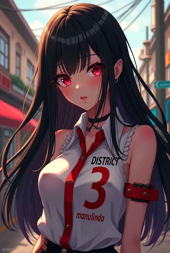 a female anime with long black hair, red details, written on the blouse in Brazilian Portuguese District 3, and below district 3 write manulinda