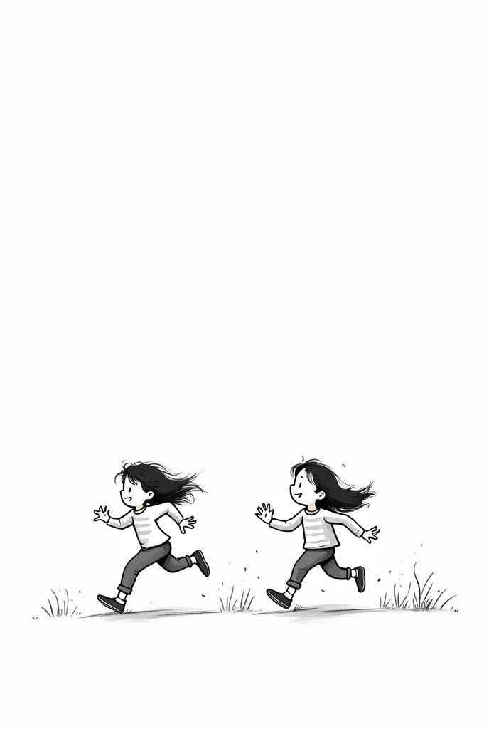 White drawing with black borders of a boy and a girl playing chase running