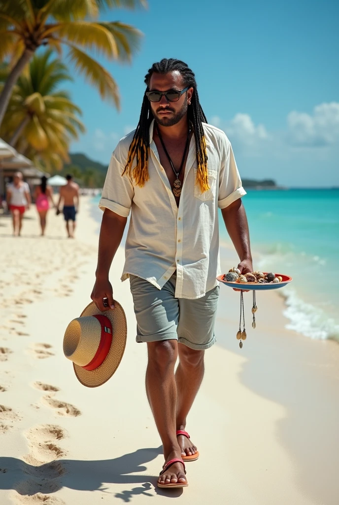 create the image of close-up of a street vendor on a beach in Venezuela. The vendor is a white American man, descendant of Spanish Canarians, with a builtfat type of body, he is a bit fat, he has slim arms, a product of sun and exercise. His face shape is rectangle type. His long, thick , straight black hair is delicately braided and adorned with fine yellow highlights that contrast with his tanned skin. His hairline type is rectangular shaped. He has no facial hair . His eyes are protected by modern sunglasses, which give him a relaxed and carefree air. His clothing is casual and summery: beach shorts that reveal his thick and slightly muscular legs and a loose t-shirt, ideal for the tropical climate. His appearance conveys positive energy and a relaxed lifestyle. The colorful braids and handmade accessories complement his bohemian look and connected with nature. He is around 30 years old, he is an extroverted person, with a free and adventurous spirit. His job as a seller of handmade jewelry suggests an artistic sensibility and a deep respect for nature, since his products are made with organic materials such as snails. The place where he sells is a paradisiacal beach, with fine white sand, the turquoise sea stretching to the horizon. The sun shines brightly, creating a warm and welcoming atmosphere. A gentle sea breeze caresses the skin and the sound of the waves breaking on the shore accompanies the scene. The seller walks at a leisurely pace along the shore of the beach, leaving footprints in the sand. His bare feet feel the soft texture of the sand as he looks out to sea. In one hand he carries a colorful tray with his handmade creations, necklaces and shell bracelets, which he proudly displays to potential buyers. His other hand gently swings a straw hat, which protects his face from the sun. Tourists strolling along the beach are attracted by his unique and original products, stopping to admire his creations and chat with the seller.