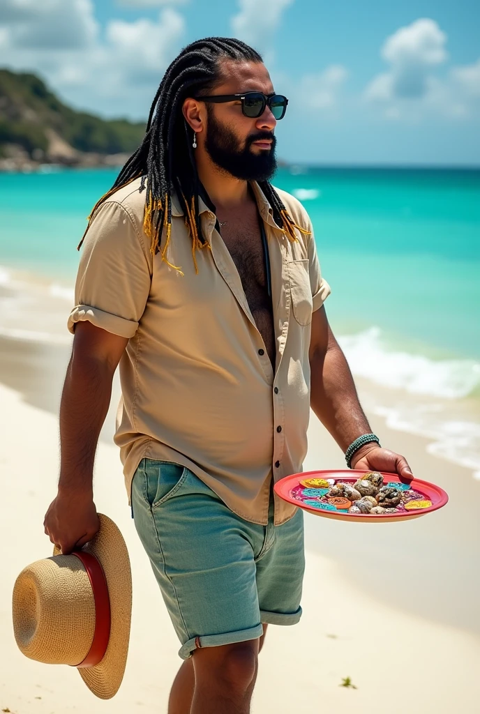 create the image of close-up of a street vendor on a beach in Venezuela. The vendor is a white American man, descendant of Spanish Canarians, with a builtfat type of body, he is a bit fat, he has slim arms, a product of sun and exercise. His face shape is rectangle type. His long, thick , straight black hair is delicately braided and adorned with fine yellow highlights that contrast with his tanned skin. His hairline type is rectangular shaped. He has no facial hair . His eyes are protected by modern sunglasses, which give him a relaxed and carefree air. His clothing is casual and summery: beach shorts that reveal his thick and slightly muscular legs and a loose t-shirt, ideal for the tropical climate. His appearance conveys positive energy and a relaxed lifestyle. The colorful braids and handmade accessories complement his bohemian look and connected with nature. He is around 30 years old, he is an extroverted person, with a free and adventurous spirit. His job as a seller of handmade jewelry suggests an artistic sensibility and a deep respect for nature, since his products are made with organic materials such as snails. The place where he sells is a paradisiacal beach, with fine white sand, the turquoise sea stretching to the horizon. The sun shines brightly, creating a warm and welcoming atmosphere. A gentle sea breeze caresses the skin and the sound of the waves breaking on the shore accompanies the scene. The seller walks at a leisurely pace along the shore of the beach, leaving footprints in the sand. His bare feet feel the soft texture of the sand as he looks out to sea. In one hand he carries a colorful tray with his handmade creations, necklaces and shell bracelets, which he proudly displays to potential buyers. His other hand gently swings a straw hat, which protects his face from the sun. Tourists strolling along the beach are attracted by his unique and original products, stopping to admire his creations and chat with the seller.