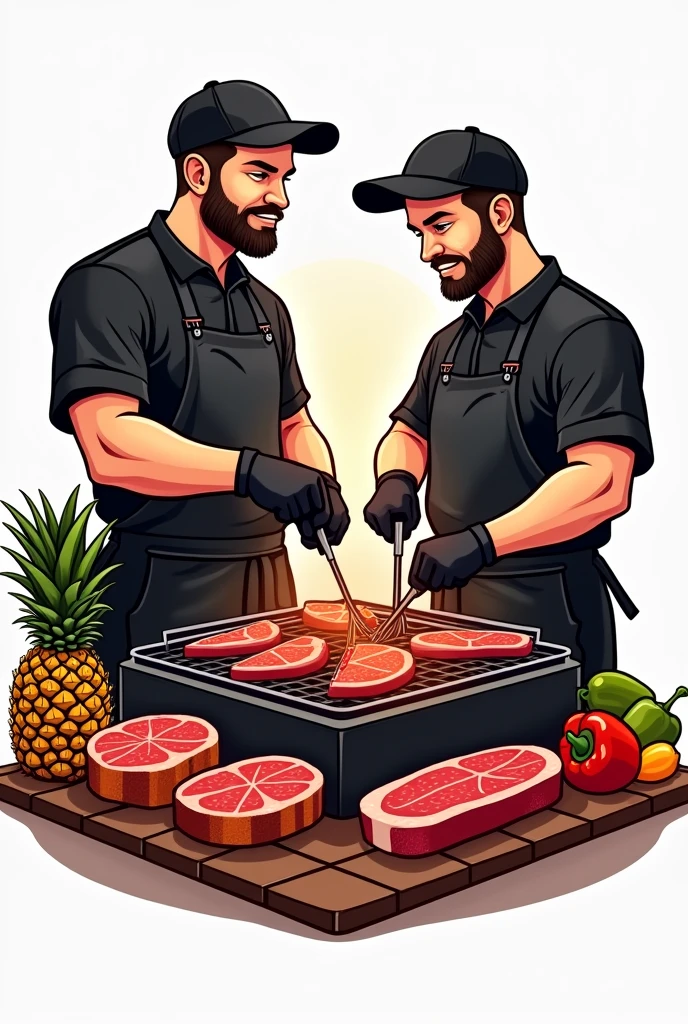 Create a professional logo , with a barbecue theme on the grill , special cuts of meat , two people , de avental preto , gloves and caps , two brothers in drawing , one of the two chubby brothers , a little less realistic , feed the barbecue , and put pineapple and peppers , Make a rectangular barbecue with a large area to hang the pineapple