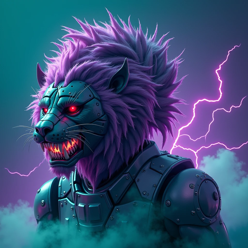 a crepy smiling robot with lion head