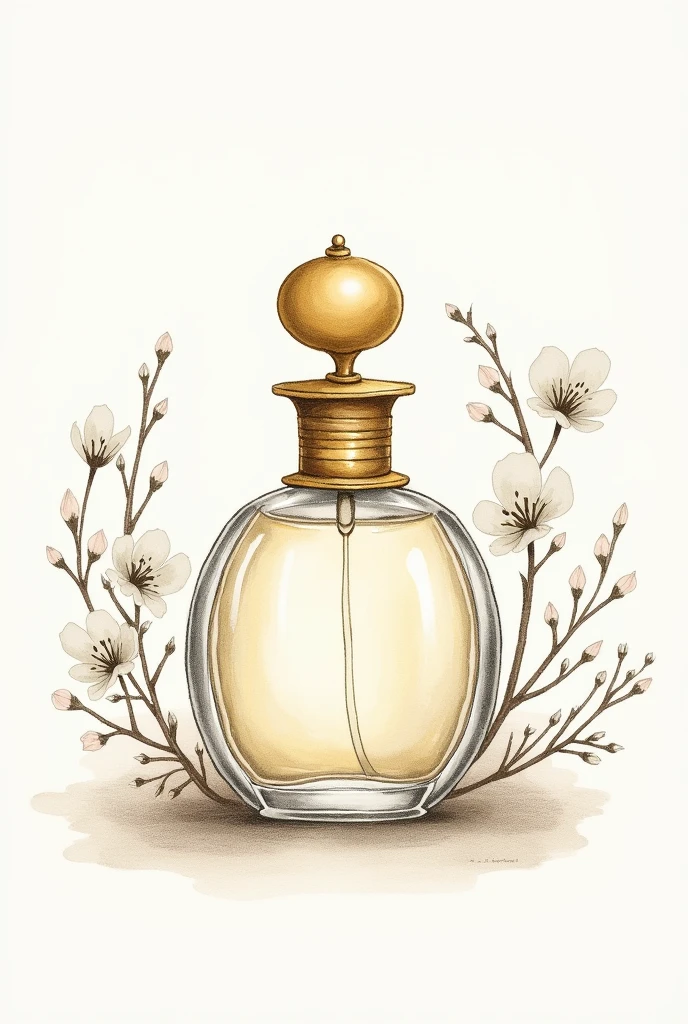 A painting with an old perfume bottle. dainty, pencil draw. vintage frasco, with small branches of flowers. Delicate watercolor painting only on the golden lid
