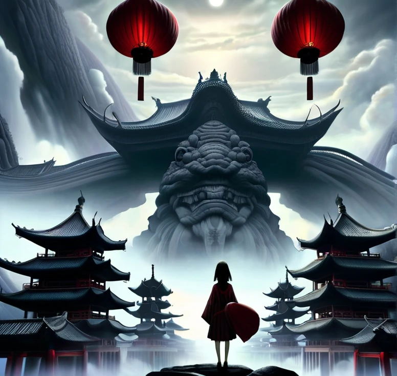 (guiguai),(1girl:1.2),1 girl stands in front of a huge monster,1lady standing,(full body:1.1),(looking at viewer:1.5),detailed face,detailed eyes,dramatic lighting,monster,wing,red lanterns,(chinese-style architecture:1.2),translucent soul,luminous,atmospheric reentry,with vast sky,continuous mountains and steep cliffs,atmospheric atmosphere,depth of field,mist rising,stone pavilions,waterfalls,shuimobysim,bonian,from below,