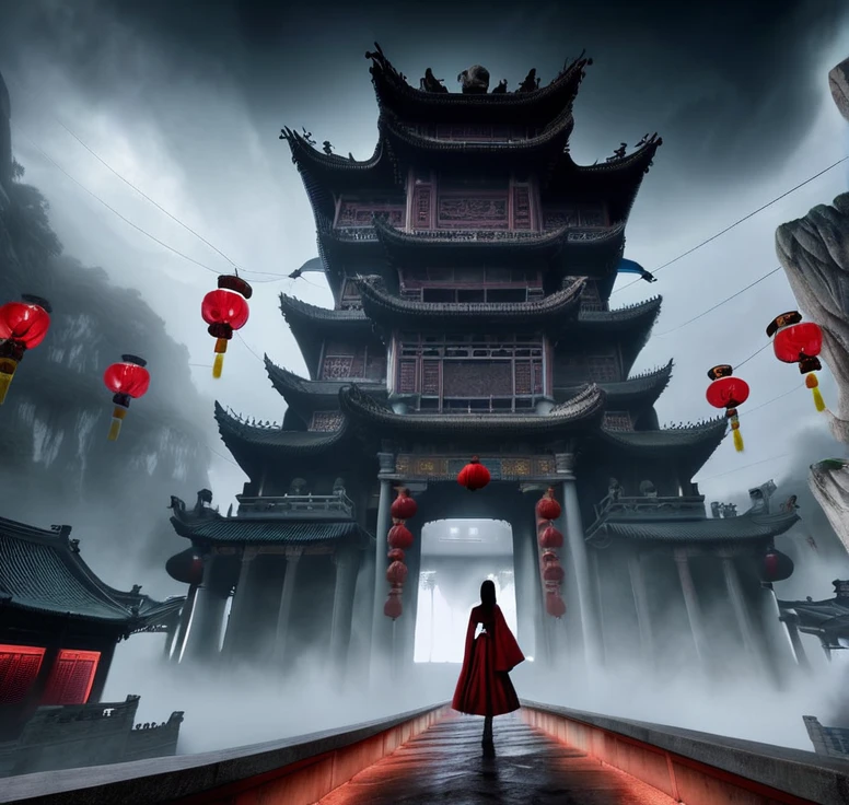 (guiguai),(1girl:1.2),1 girl stands in front of a huge monster,1lady standing,(full body:1.1),(looking at viewer:1.5),detailed face,detailed eyes,dramatic lighting,monster,wing,red lanterns,(chinese-style architecture:1.2),translucent soul,luminous,atmospheric reentry,with vast sky,continuous mountains and steep cliffs,atmospheric atmosphere,depth of field,mist rising,stone pavilions,waterfalls,shuimobysim,bonian,from below,