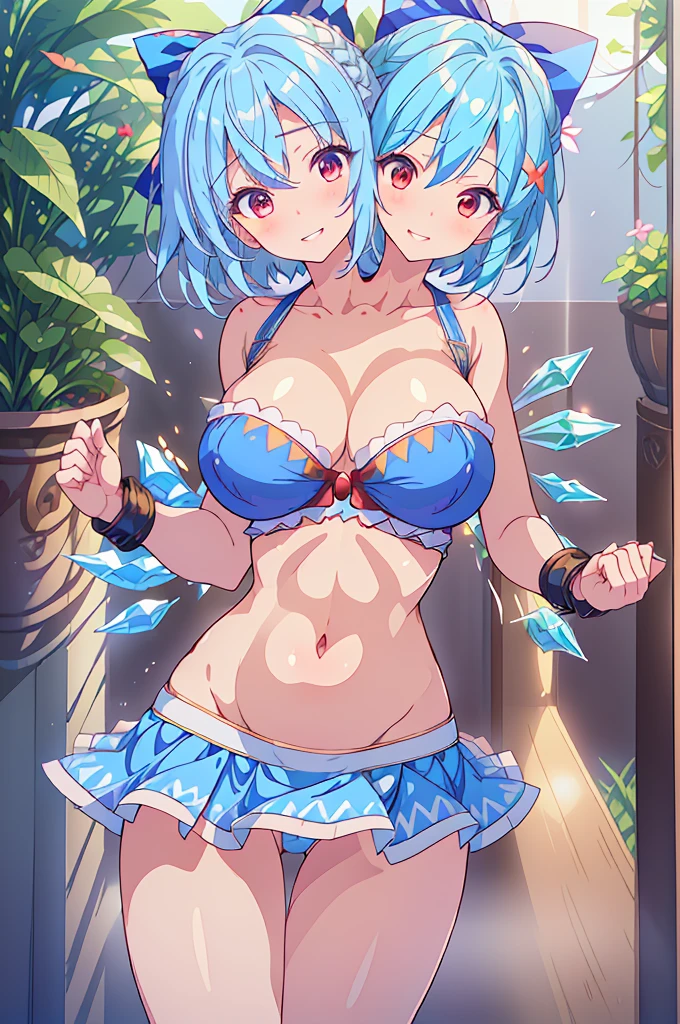 (masterpiece, best quality),best quality, (ultra-detailed), ((3heads:1.5)), 1girl, (cirno:1.3), masterpiece, best quality, ultra quality, ultra resolution, ultra detail, light blue top, crop top, ((stomach)), midriff, ((groin)), blue skirt, normal ears, shackles, light blue hair, short hair, smirk, smiling, happy grin, red eyes, parted lips, very detailed eyes, smiling, smirk, smug, cute, toned belly, hand on own chest, eyelashes, (2 woman:1.3), (masterpiece:1.5), (best quality:1.5), (beautiful detailed), extremely detailed CG, extremely delicate and beautiful, depth of field, (finely detailed face), (perfect details:1.2), (mature female:1.3), wide pelvis, slender, large veiny breast, 16k resolution, highres, very high quality, very high definition, extremely detailed, masterpiece, blue hair, short hair, alluring presence, braid, short skirt, close up, very big breasts, huge breasts, young, ice wings, blue bow, girl with three heads, three headed girl,
