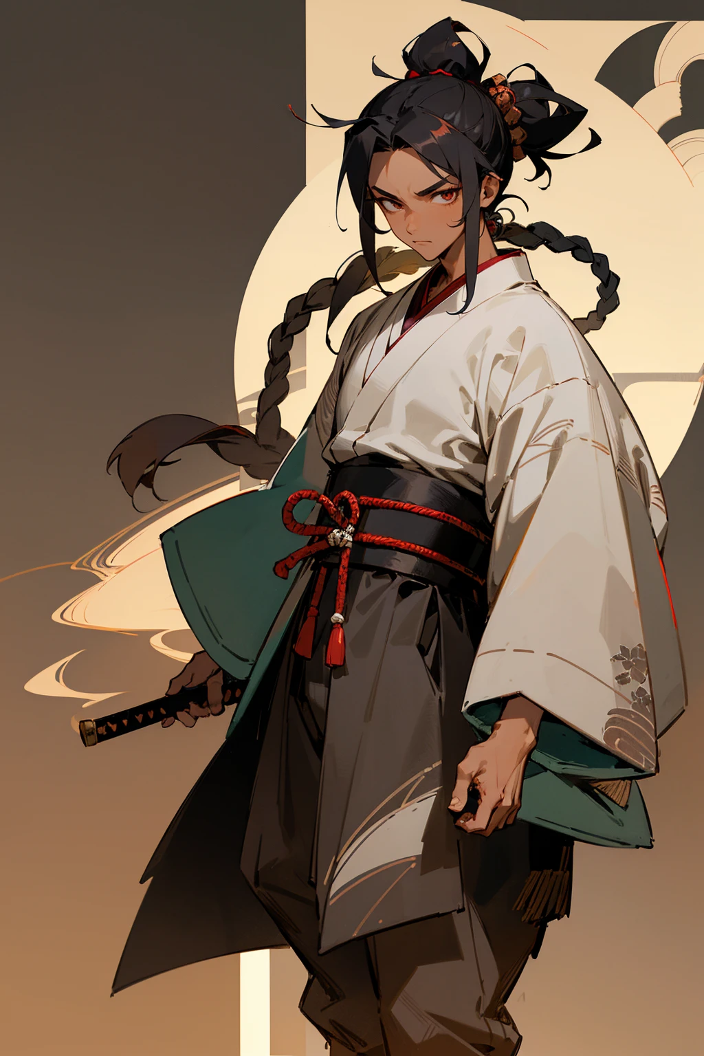 Masterpiece Quality, Perfect Generation, Sclera, Detailed Eyes, Skin, Black Tied Up Hair, Muscular, Casual Clothing, Bored Expression, , Old Japanese Background, Full Body, Tanned Skin, Two Toned Black Highlighted Hair, Japanese Clothing, Sword, Facing Viewer, Male, Japanese City Background, Tanned Skin, Dark Skin, Full Body, Top Knot Hair,