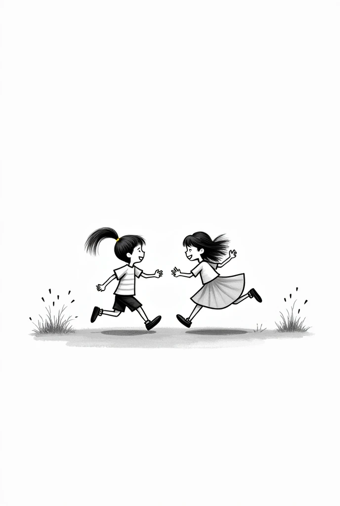 White drawing with black borders of a boy and a girl playing chase running

