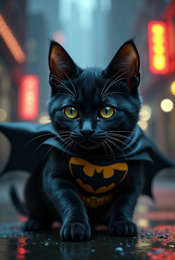 Create an image of a cat in a Batman costume