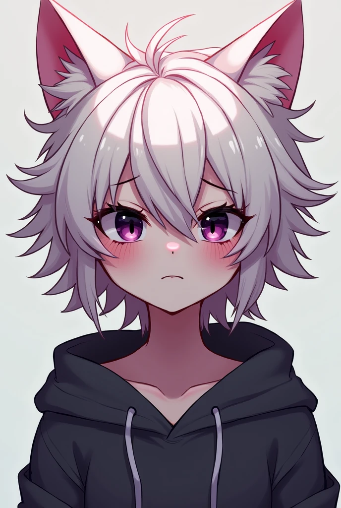 Chico anime furry, dark purple eyes, short messy white and pink hair, hoodie, with a serious face