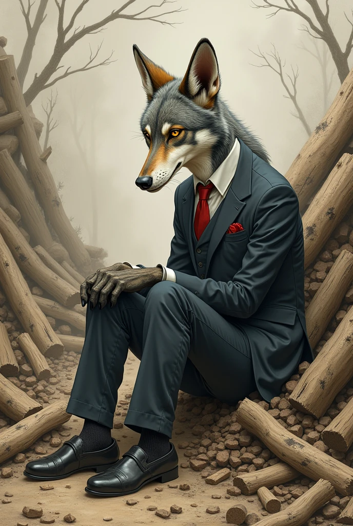 A well dressed jovial slender adult wolf outside crying sad expression sitting after knocking down a wooden house drawing for book  
