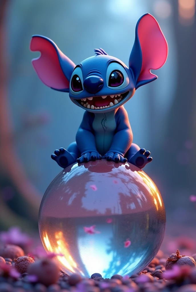 stitch da disney, azul ultra hd, extreme image quality, estilo 3d ou lifeaction, on top of a bubble, cinematic light, UHD quality.