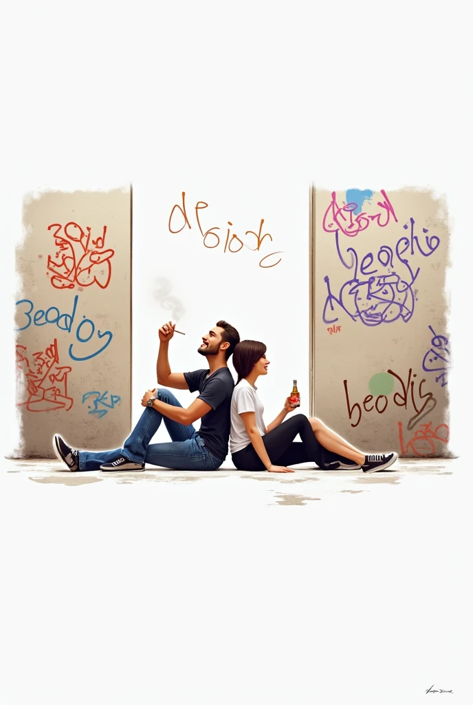 Generate realistic style image of a happy man sitting on the floor smoking a cigarette, Happy woman sitting on the floor drinking a bottle of whiskey, back to back, graffiti text "BEODOS"