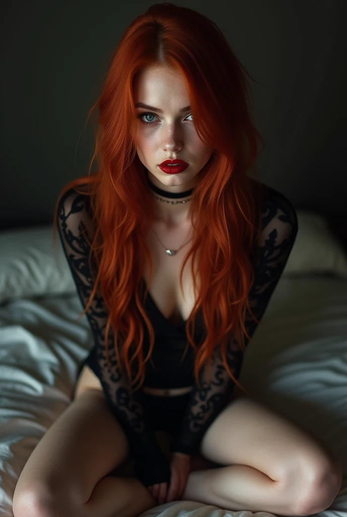 (best quality, realistic), redhead girl, black sheer top, close-up, wicked smile, sinister look, long flowing red hair, edgy, plain dark background, eyebrow piercing, intense eyes, pale skin, mysterious vibe, dramatic lighting, red lipstick, piercing gaze, confident expression, alluring charm, intense presence, flawless complexion, captivating beauty, hauntingly beautiful, ethereal aura, uncanny allure, enchanting stare, fierce and bold, rebellious spirit, fiery personality, sitting on bed with legs spread in bedroom, cameltoe, open seductive smiling mouth, legs spread, happy worshipping, manspreading, hands behind back, hands not visible