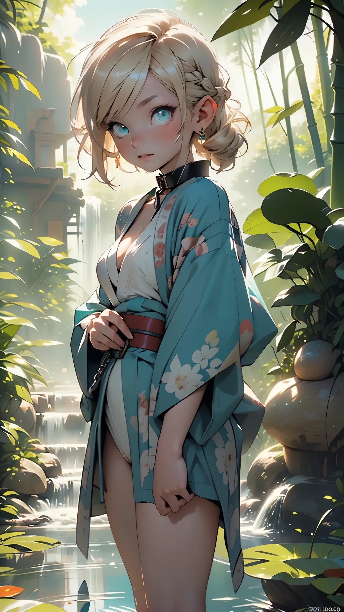 1girl,(1girl:1.5),((:1.5,teenager)),elf,(elf ears),(blonde archer),

,

((small breasts:1.4,fluffy breasts)),((blonde hair:1.5,short detailed hair,short blonde hair with a braid,braid adorned with white flowers)),(((turquoise_eyes:1.3))),intricate eyes,beautiful detailed eyes,symmetrical eyes,big eyes:1.5,((girl body,good anatomy,accurate body proportions,))),

happy,((nsfw)),cute,

(short turquoise kimono,half-naked kimono:1.5),((brown wolf fur coat)),(bandages on his hands),(moon earrings),(ornamental bandages on  arms),(((slave collar,Long chain leash connected to her collar,shackles))),(((intricate outfit,intricate clothes))),

(dynamic pose:1.0),embarrassed,(centered,scale to fit dimensions,Rule of thirds),

outdoors,(waterfall,bamboo,river,bamboo forest,japanese temple,red lanterns burning,temple in the forest,mossy stairway in the temple,dilapidated temple,bamboo sanctuary,),scenery,extremely scenery,(puddles everywhere,moss,moss on the background),clouds,lily pads,(sunset, golden hour),

(Glossy japan ornaments),highres,sharp focus,(ultra detailed,extremely detailed),(photorealistic artwork:1.37),(extremely detailed CG unity 8k wallpaper),(((vibrant colors,vibrant theme))),(intricate),(masterpiece),(best quality),artistic photography,(photography taken by sldr),(intricate background),perfect rendered face,perfect face details,realistic face,photo realistic,((intricate detail)),(((realism))),
