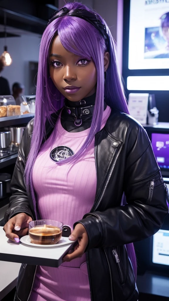 Futuristic Girl,
（ Dark Skin:2.1 ), Purple eyes, space, Purple Hair, Blue Hair, Pink Hair, Long Hair, Dark Skin, Futuristic Coffee Shop