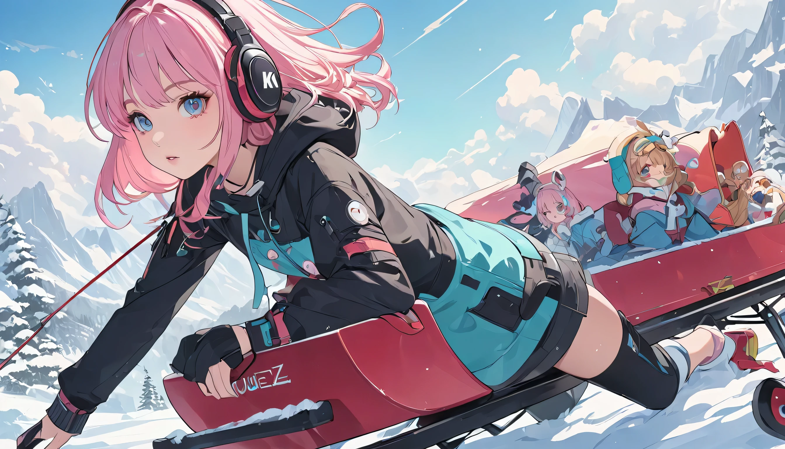 anime girl with pink hair wearing headphones and looking at a sled, anime styling 4 k, non-style artwork by guweiz, 8K anime art wallpaper, 4k anime art wallpaper, 4K anime art wallpaper, lofi portoRait, lofi girl, anime styling. 8k, melhor anime wallpaper 4k konachan, anime wallpaper 4k